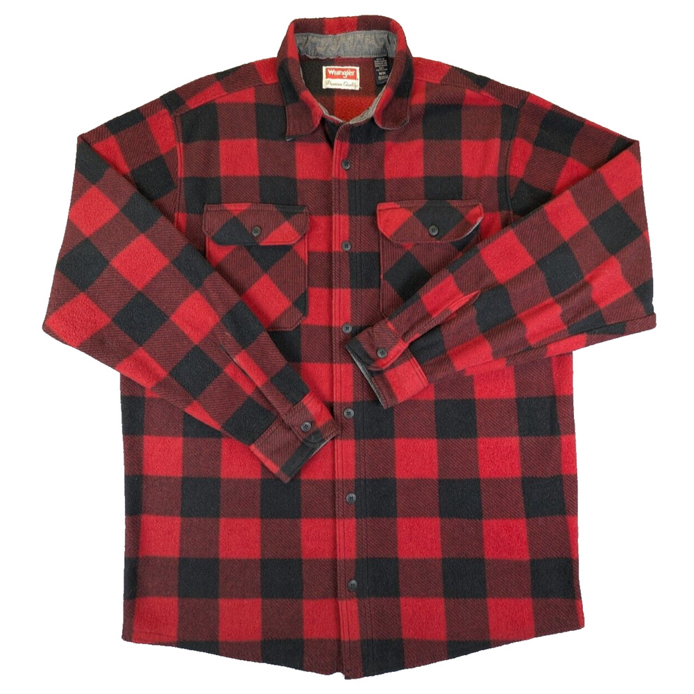 Wrangler Fleece Shirt Medium Men's Red Black Buffalo Plaid Button Down Pockets
